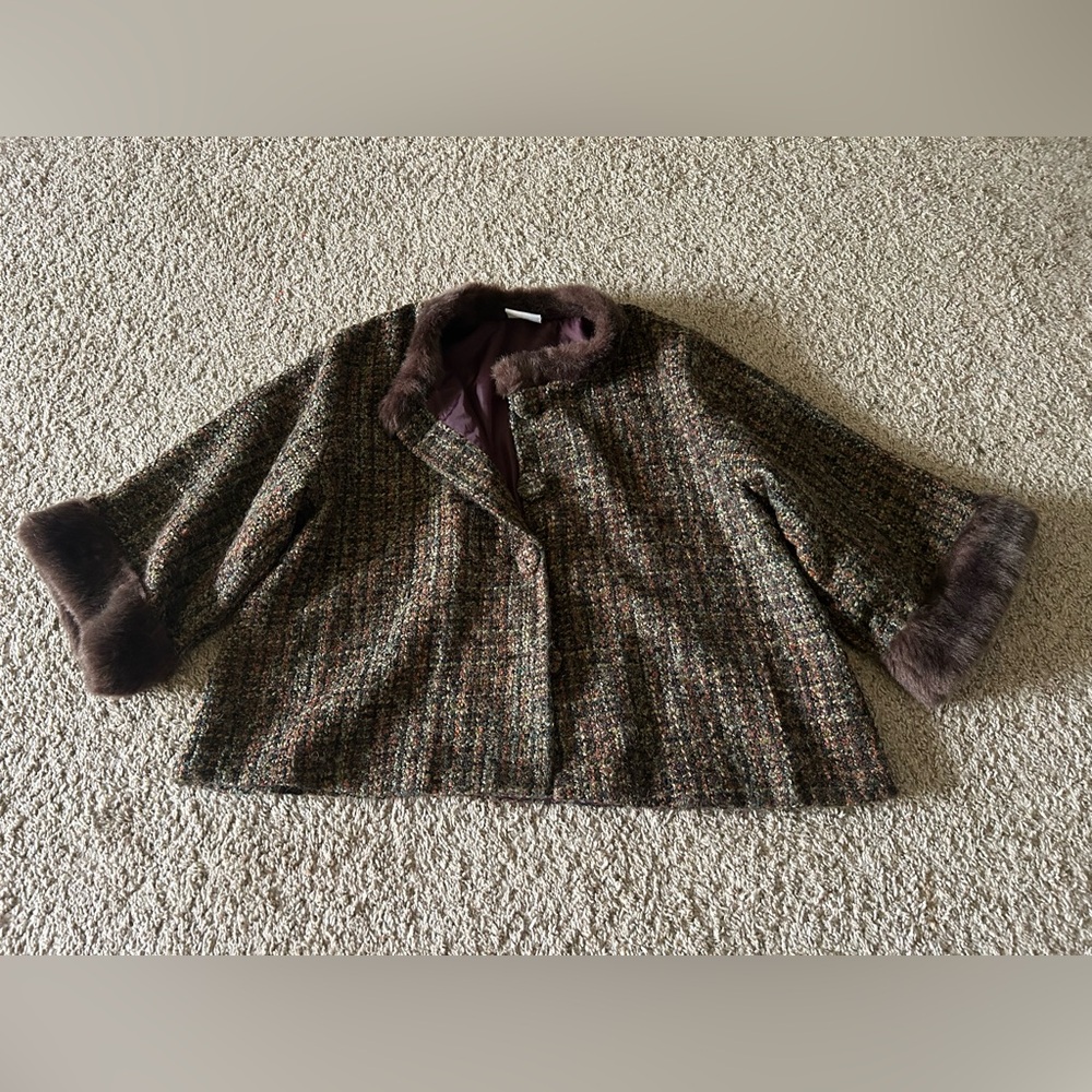 Isabella’s Journey Brown Tweed Jacket-Cashmere Blend-Faux Fur Trim-Free Size